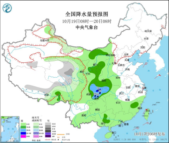 全國(guó)降水量預(yù)報(bào)圖10月19日08時(shí)-20日08時(shí)（圖片來(lái)源：中央氣象臺(tái)）